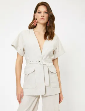 10628 Beige Short Sleeve Belted Jacket