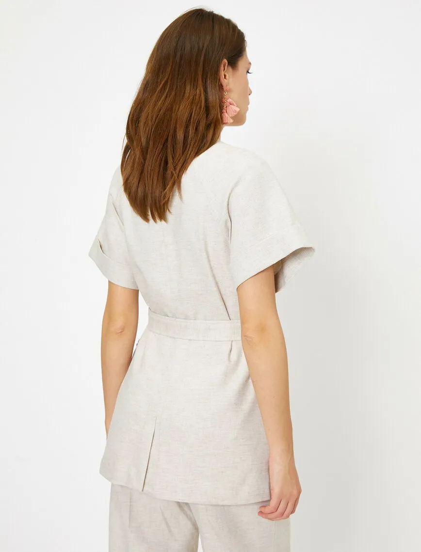 10628 Beige Short Sleeve Belted Jacket