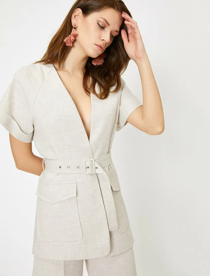 10628 Beige Short Sleeve Belted Jacket
