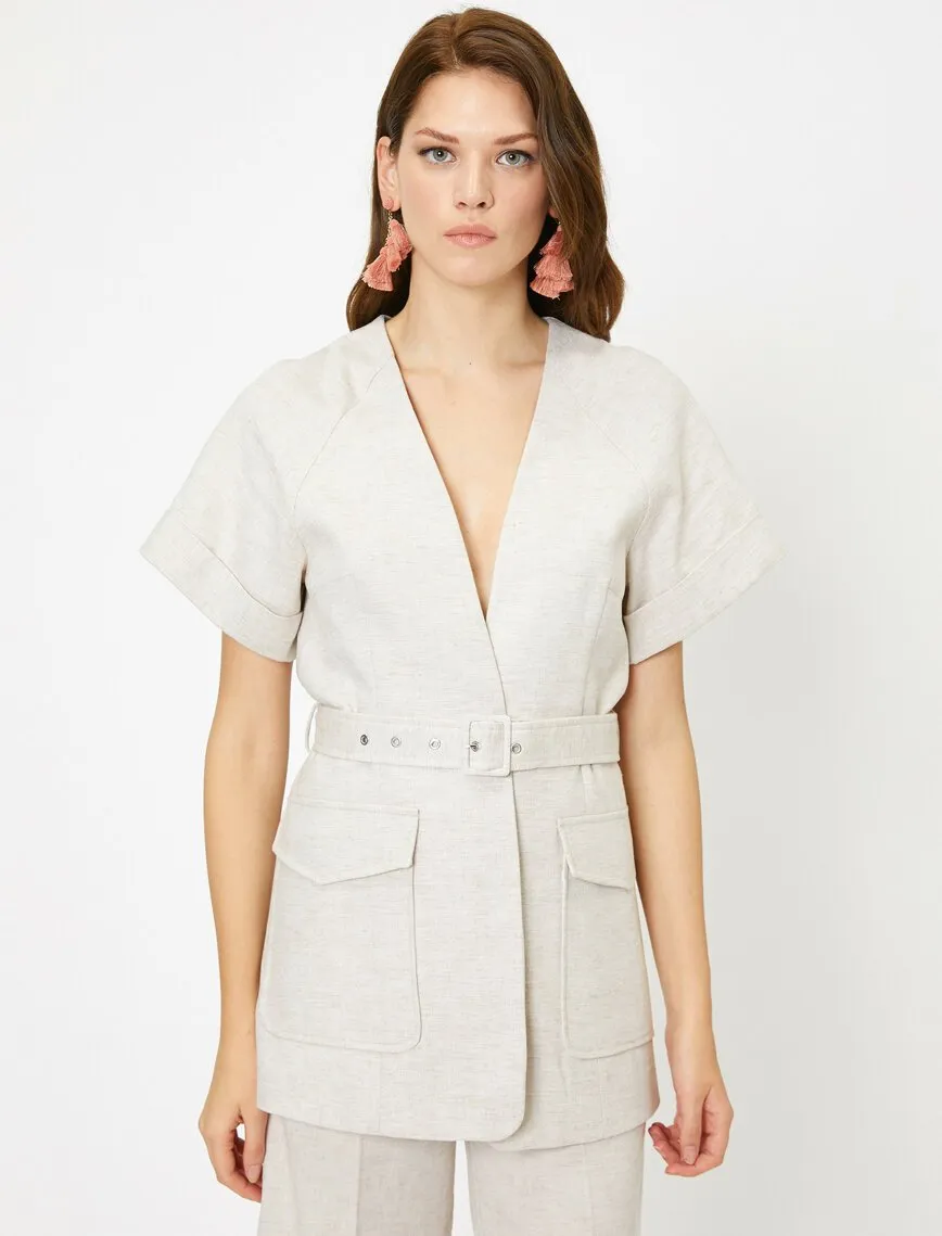 10628 Beige Short Sleeve Belted Jacket
