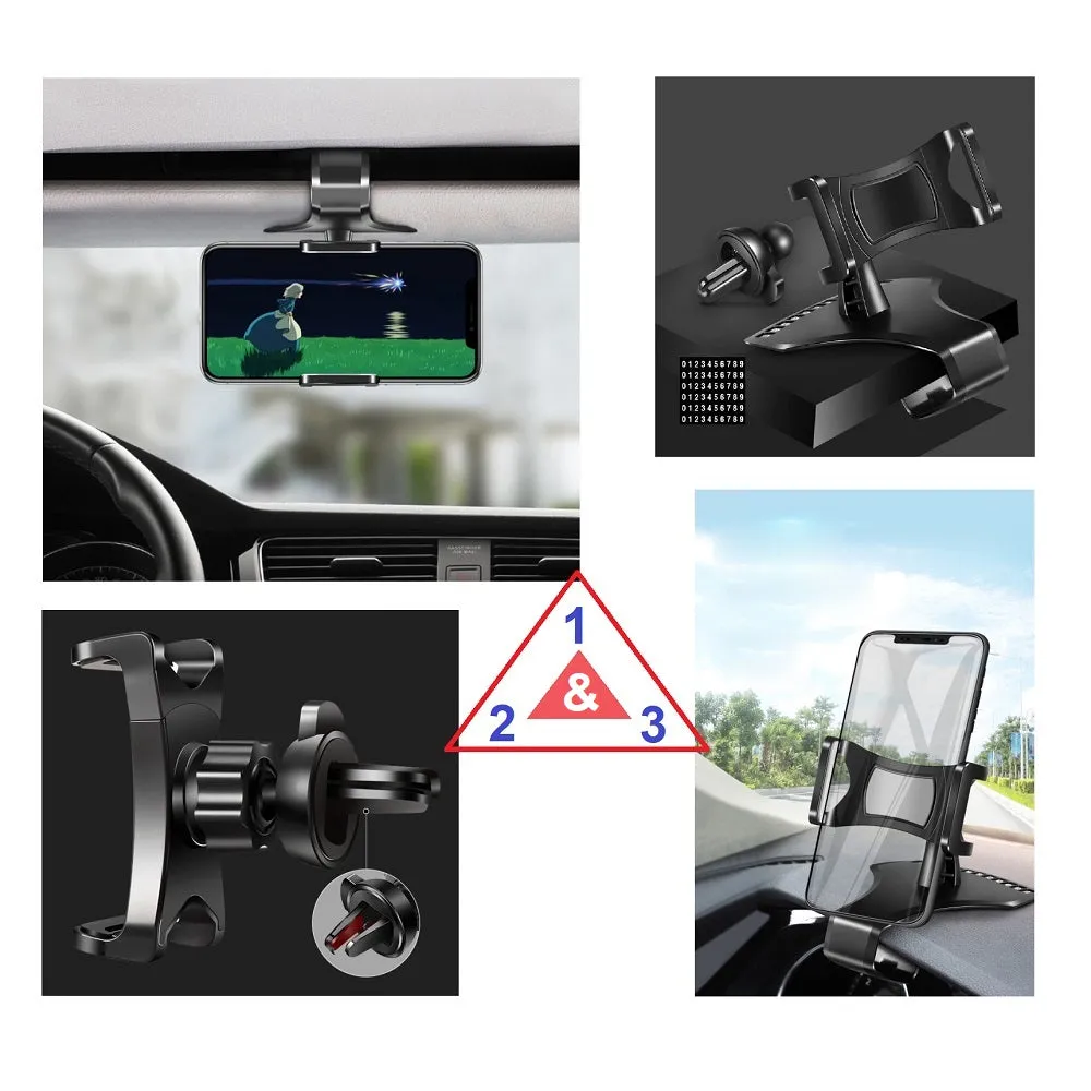3 in 1 Car GPS Smartphone Holder: Dashboard / Visor Clamp   AC Grid Clip for Sharp Aquos Xx 302SH - Black