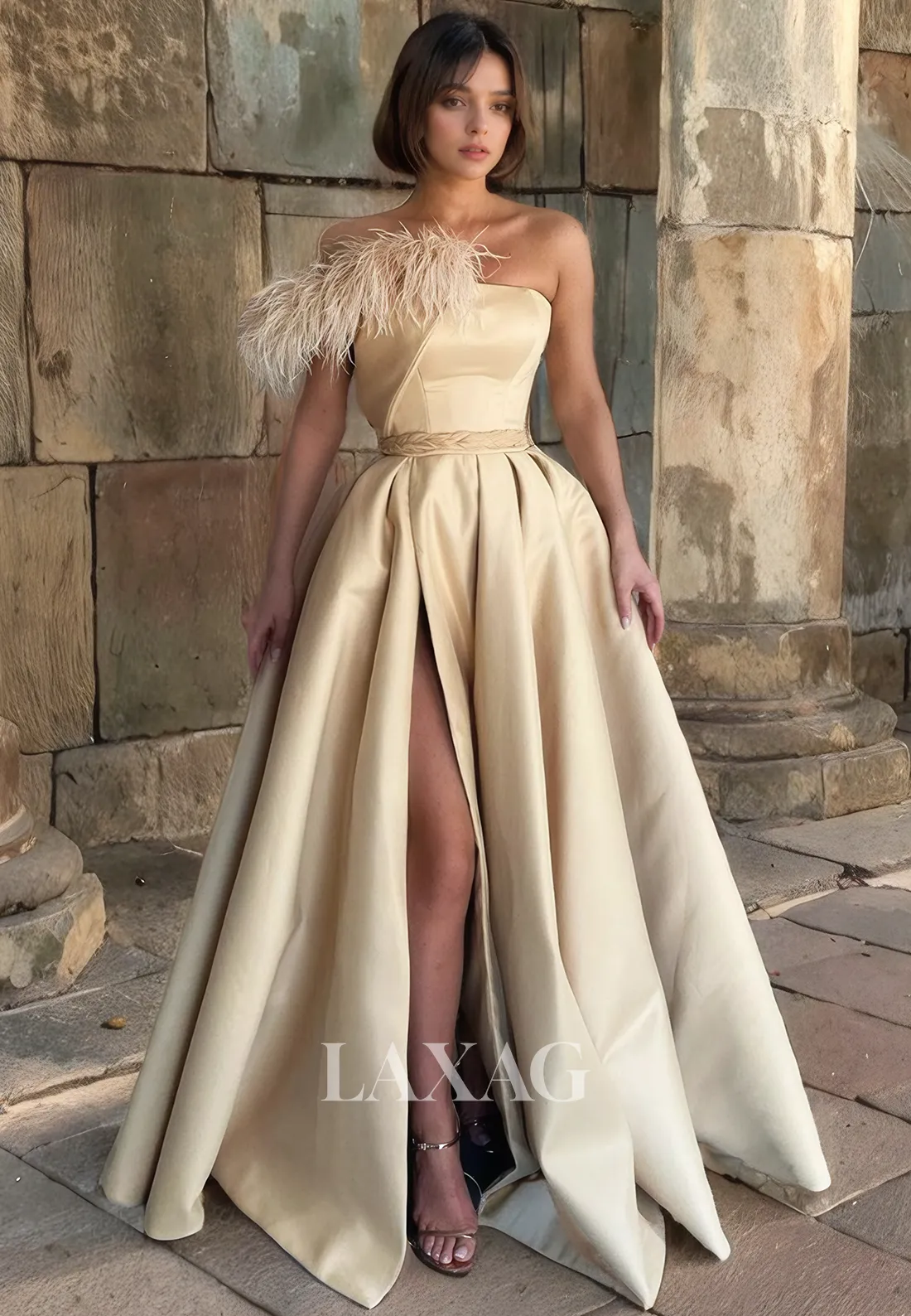 A-Line Off Shoulder Feather Sleek Satin High Slit Party Prom Formal Evening Dress