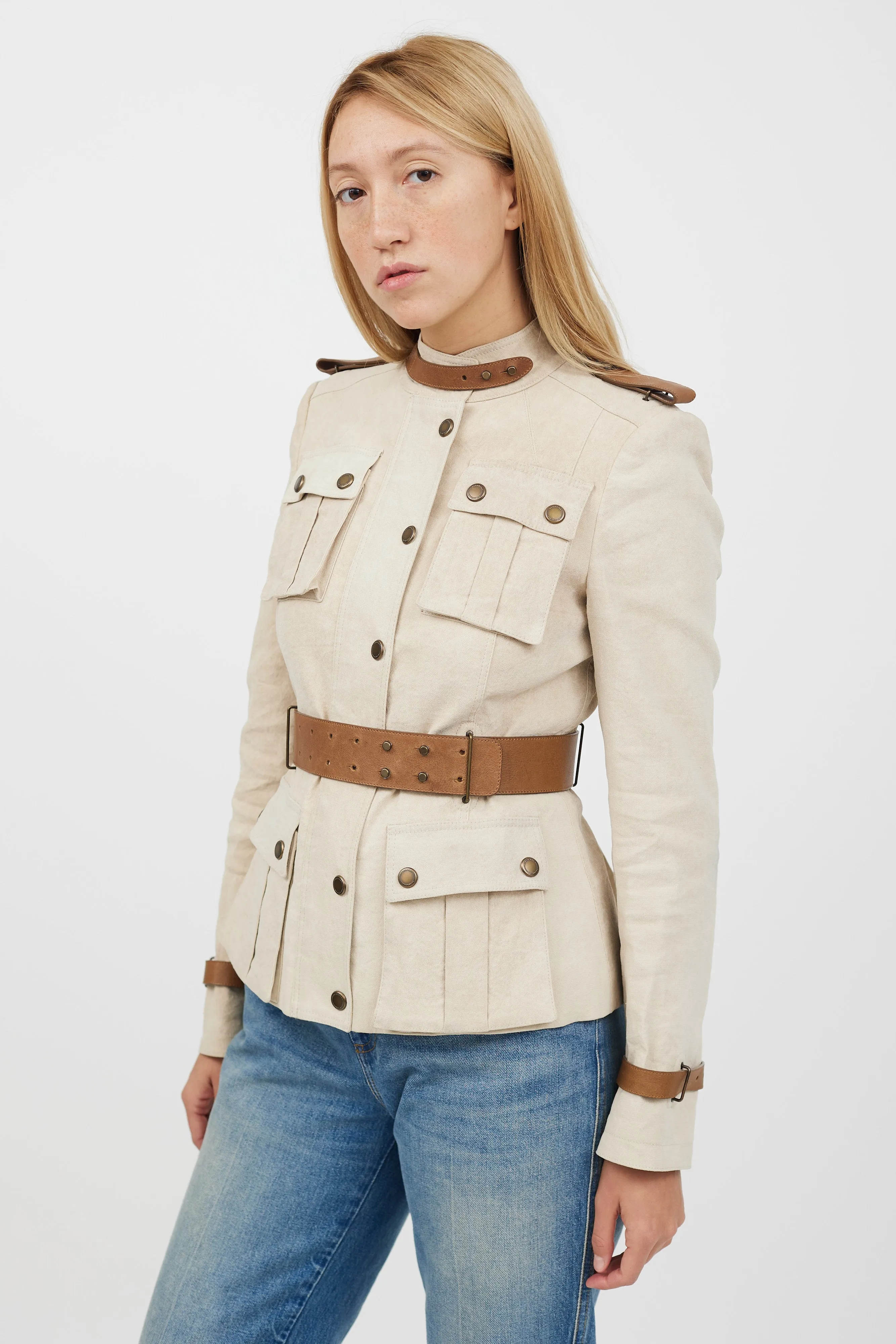 Beige Belted Safari Jacket