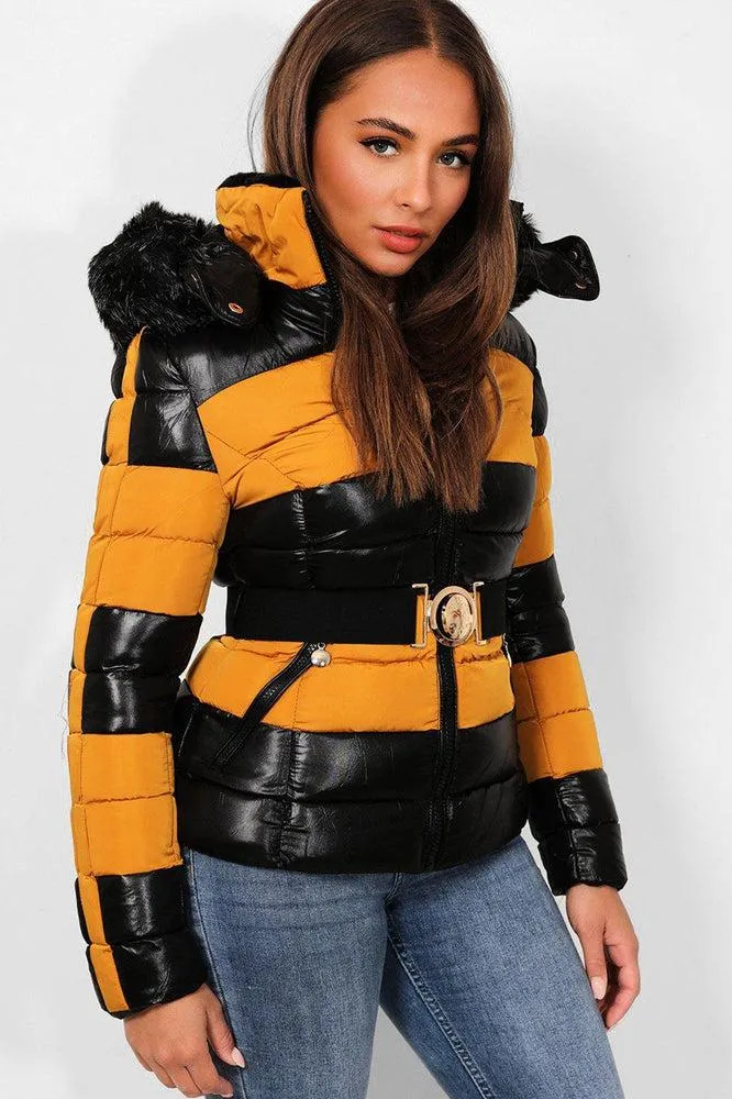 Black Mustard Belted Padded Biker Jacket
