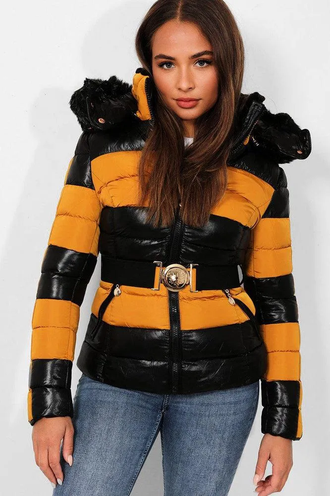 Black Mustard Belted Padded Biker Jacket