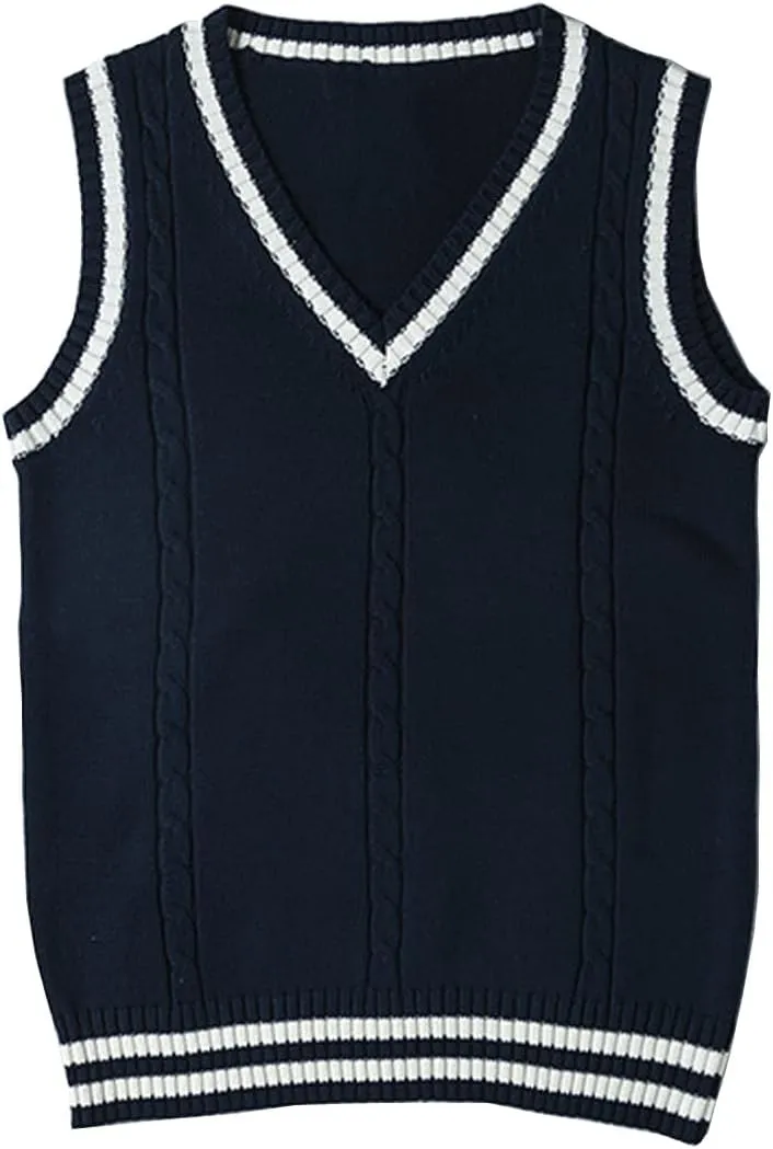 Blostirno Women’s Sweater Vest V Neck JK Uniform Kint Vests Solid Classic Sleeveless Pullover Sweaters Tops