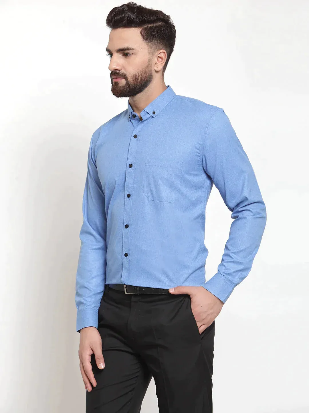 Blue Men's Cotton Solid Button Down Formal Shirts