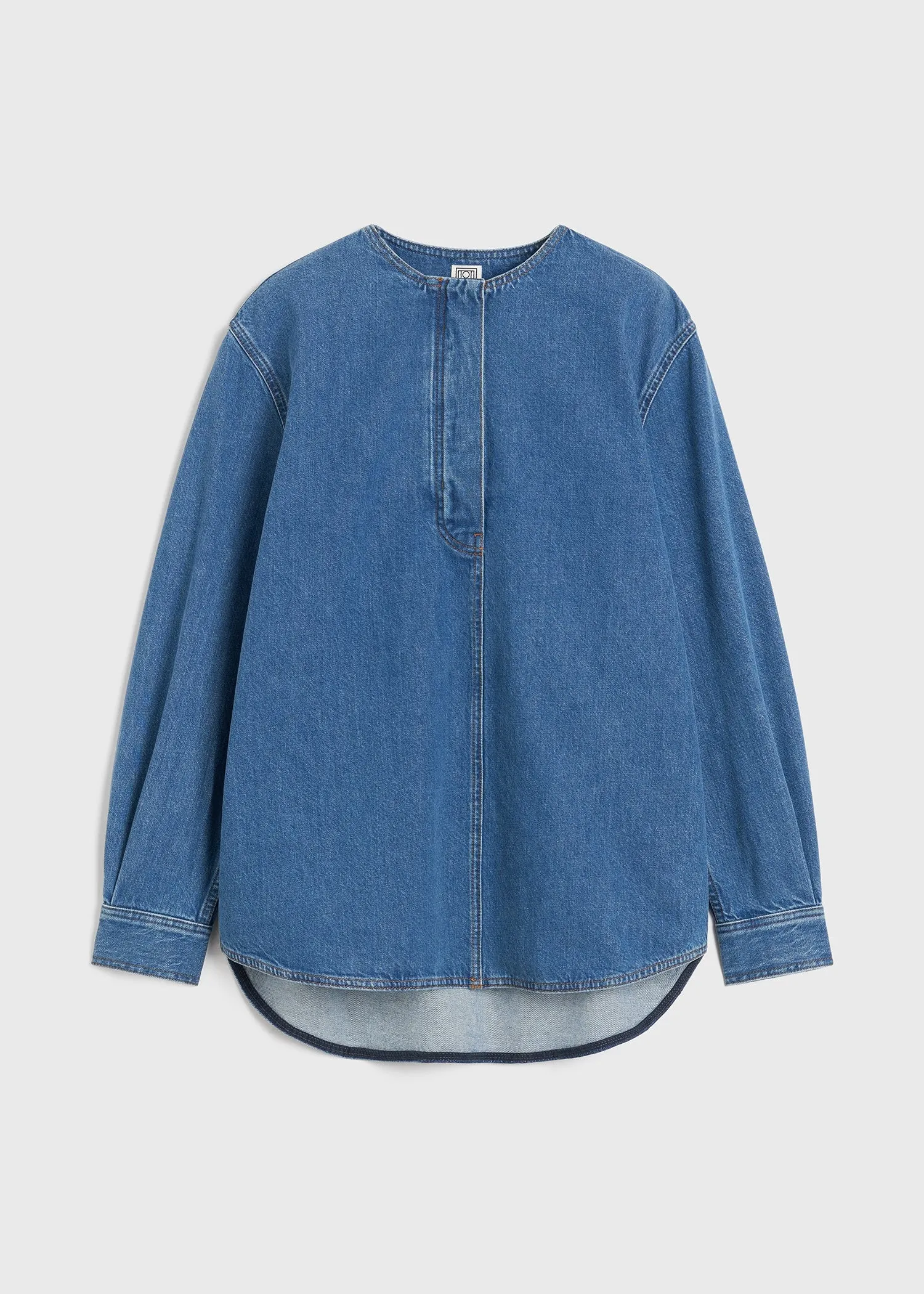 Collarless denim shirt vibrant blue