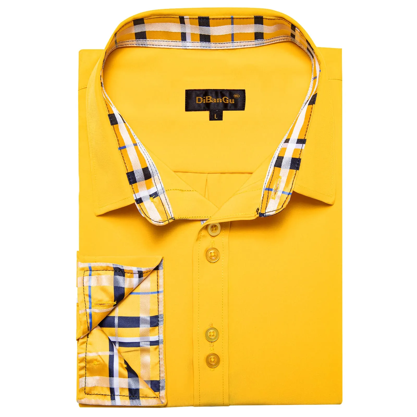 DiBanGu Mens Dress Shirt Solid Honey Yellow Splicing Silk Long Sleeve Shirt