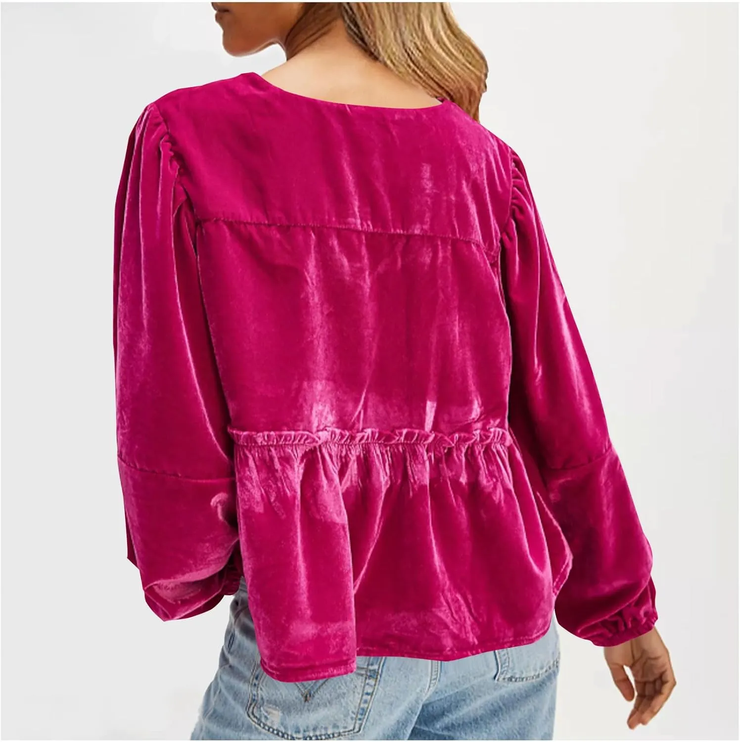 Elegant Tops for Women Trendy 2025 Long Sleeve Bow Tie Front Crop Velvet Shirts Cute Y2K Cloth Peplum Babydoll Blouse