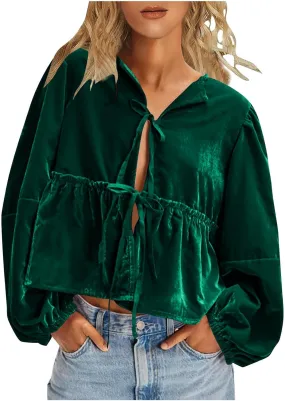 Elegant Tops for Women Trendy 2025 Long Sleeve Bow Tie Front Crop Velvet Shirts Cute Y2K Cloth Peplum Babydoll Blouse