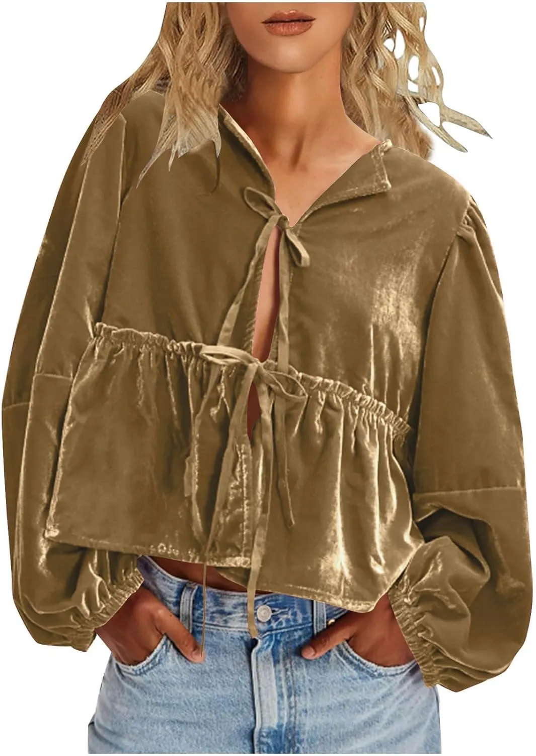 Elegant Tops for Women Trendy 2025 Long Sleeve Bow Tie Front Crop Velvet Shirts Cute Y2K Cloth Peplum Babydoll Blouse