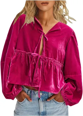 Elegant Tops for Women Trendy 2025 Long Sleeve Bow Tie Front Crop Velvet Shirts Cute Y2K Cloth Peplum Babydoll Blouse