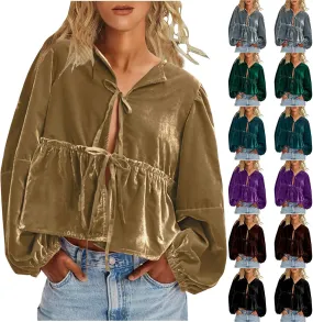 Elegant Tops for Women Trendy 2025 Long Sleeve Bow Tie Front Crop Velvet Shirts Cute Y2K Cloth Peplum Babydoll Blouse
