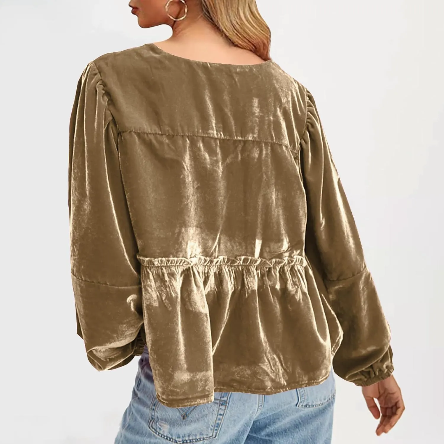 Elegant Tops for Women Trendy 2025 Long Sleeve Bow Tie Front Crop Velvet Shirts Cute Y2K Cloth Peplum Babydoll Blouse