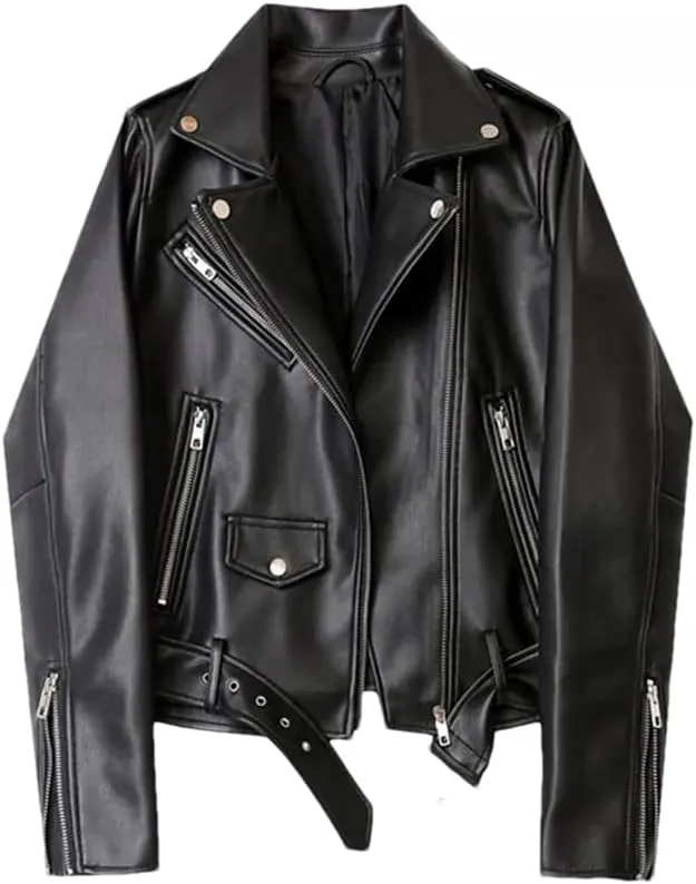 ERFMFKL Women's Solid Classic Long Sleeves Jacket Belt Motorcycle Jacket Oversized Faux Leather Jacket