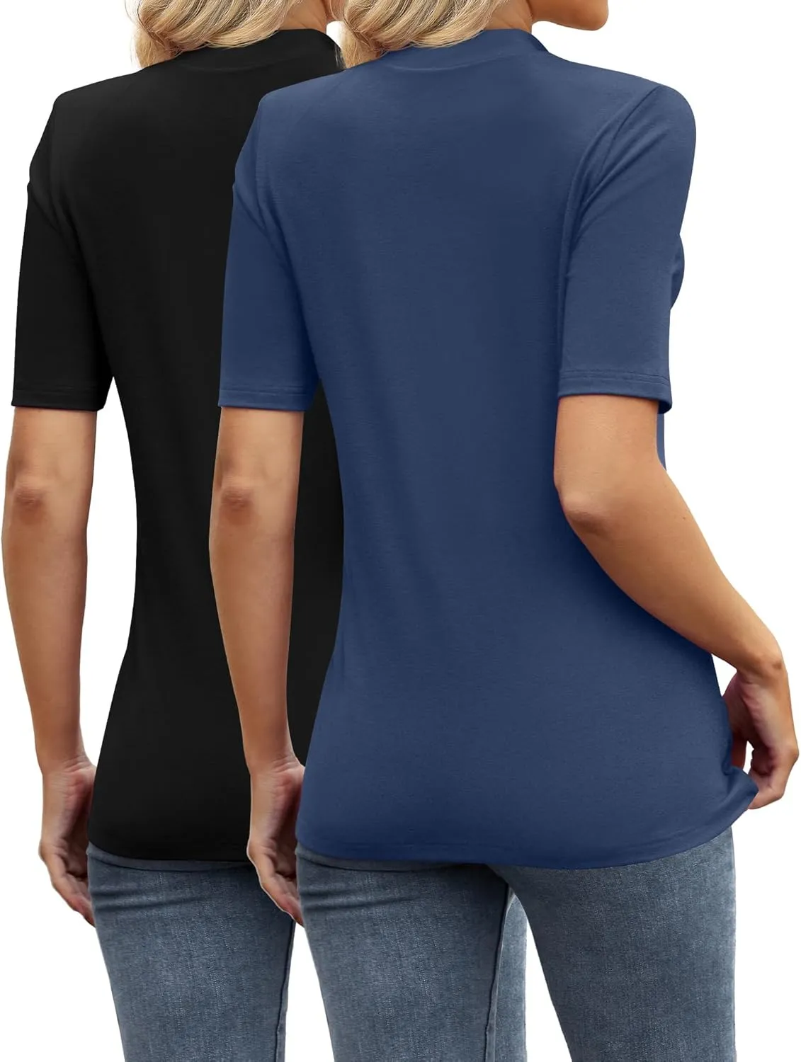 Ficerd 2 Pack Women's Mock Turtleneck T Shirts, Half Sleeve Business Casual Tunic Tops Slim Fit Summer Basic Dressy Tee Shirt