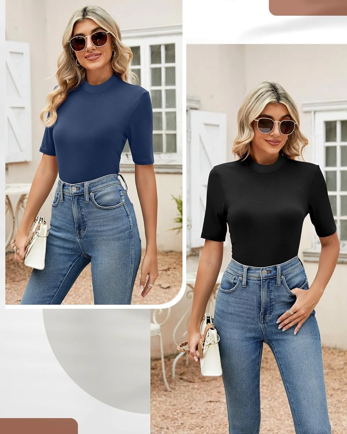 Ficerd 2 Pack Women's Mock Turtleneck T Shirts, Half Sleeve Business Casual Tunic Tops Slim Fit Summer Basic Dressy Tee Shirt