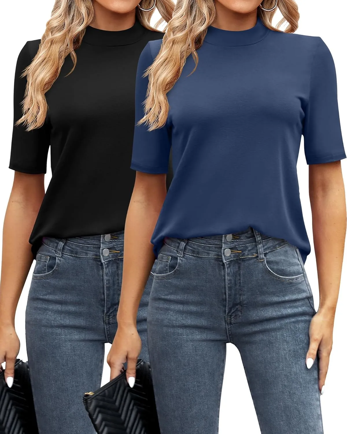 Ficerd 2 Pack Women's Mock Turtleneck T Shirts, Half Sleeve Business Casual Tunic Tops Slim Fit Summer Basic Dressy Tee Shirt