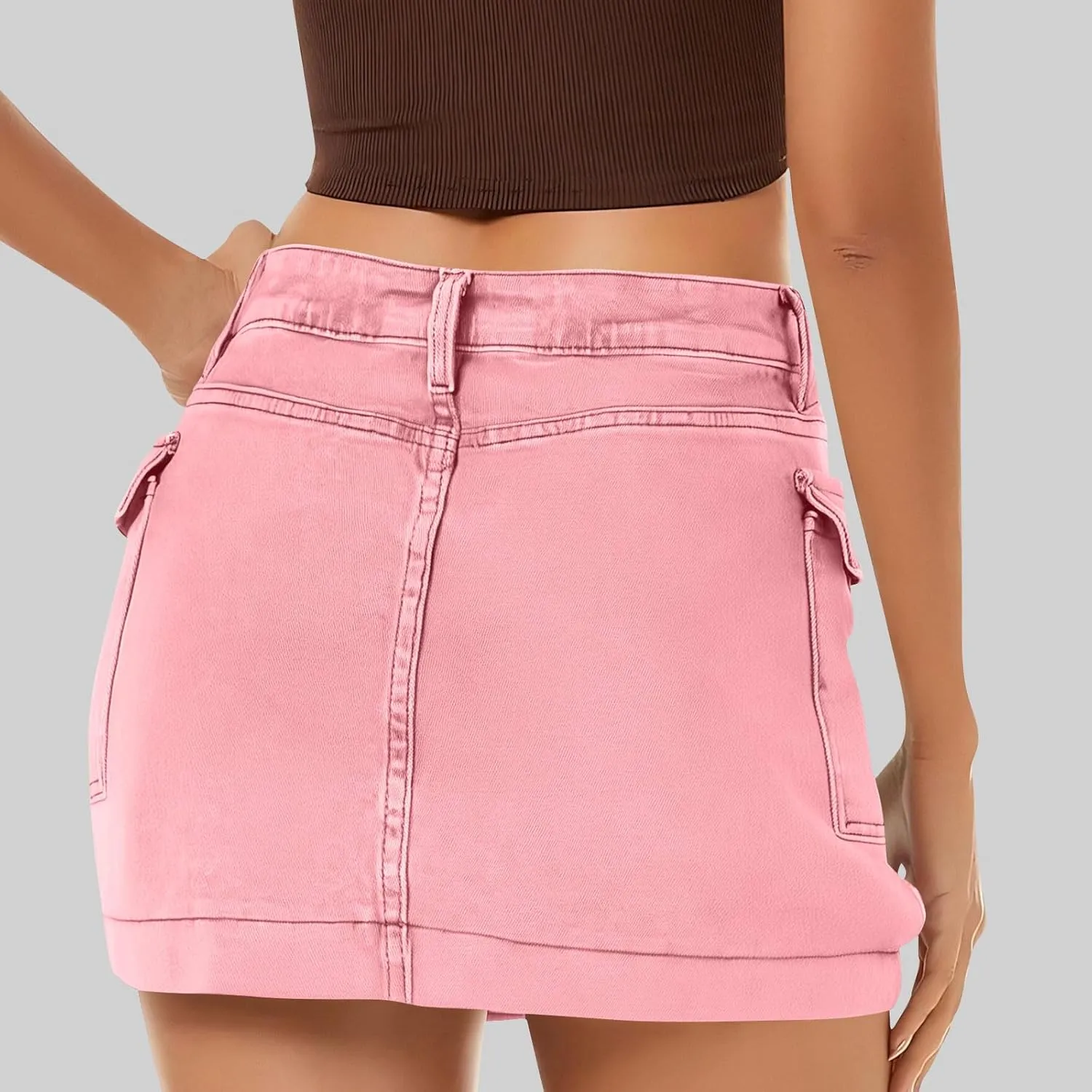 HGps8w Women's Denim Cargo Skirt Classic Zipper Button High Waisted Bodycon Y2K Mini Skirts with Flap Pockets