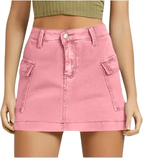 HGps8w Women's Denim Cargo Skirt Classic Zipper Button High Waisted Bodycon Y2K Mini Skirts with Flap Pockets
