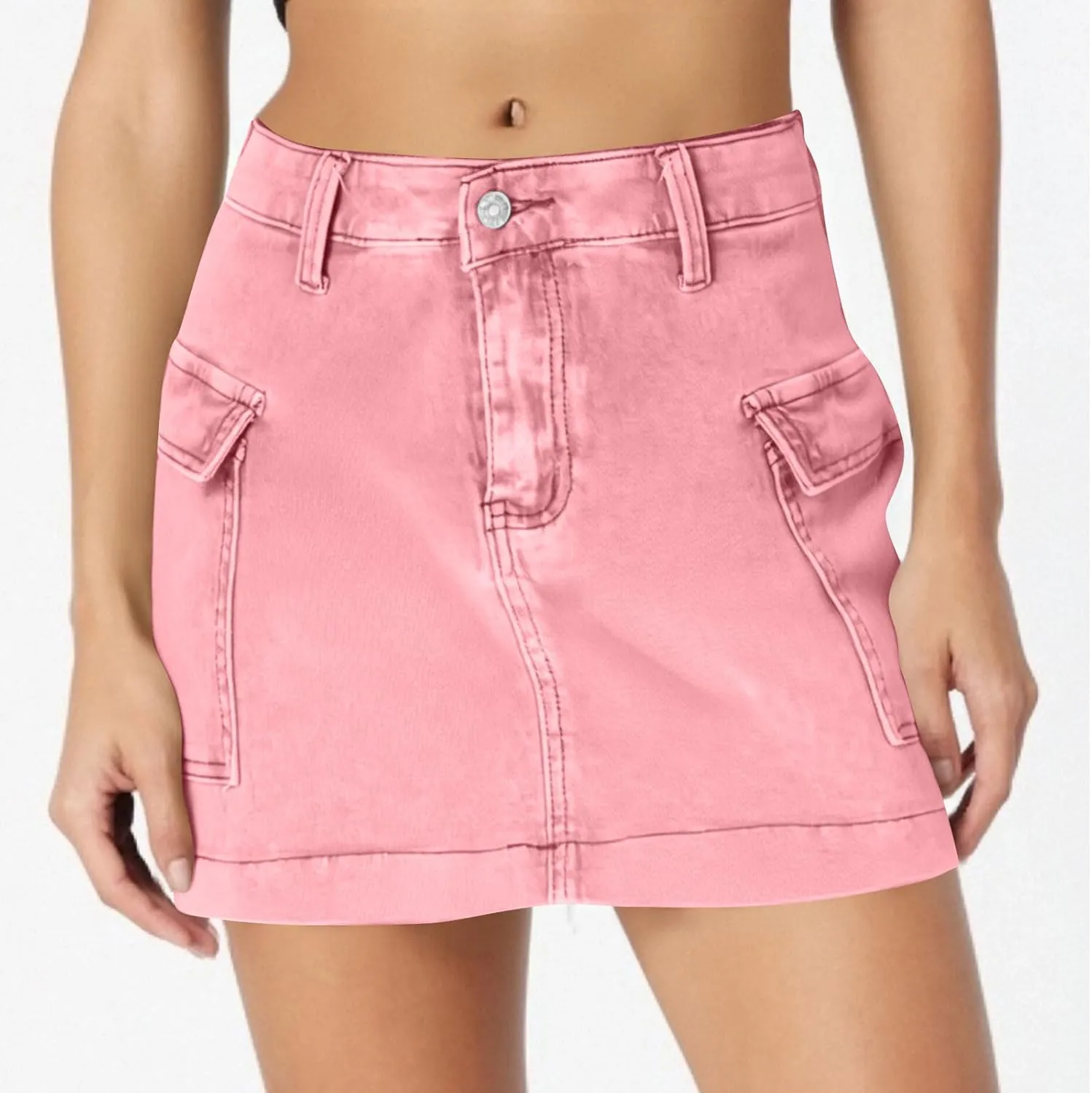 HGps8w Women's Denim Cargo Skirt Classic Zipper Button High Waisted Bodycon Y2K Mini Skirts with Flap Pockets