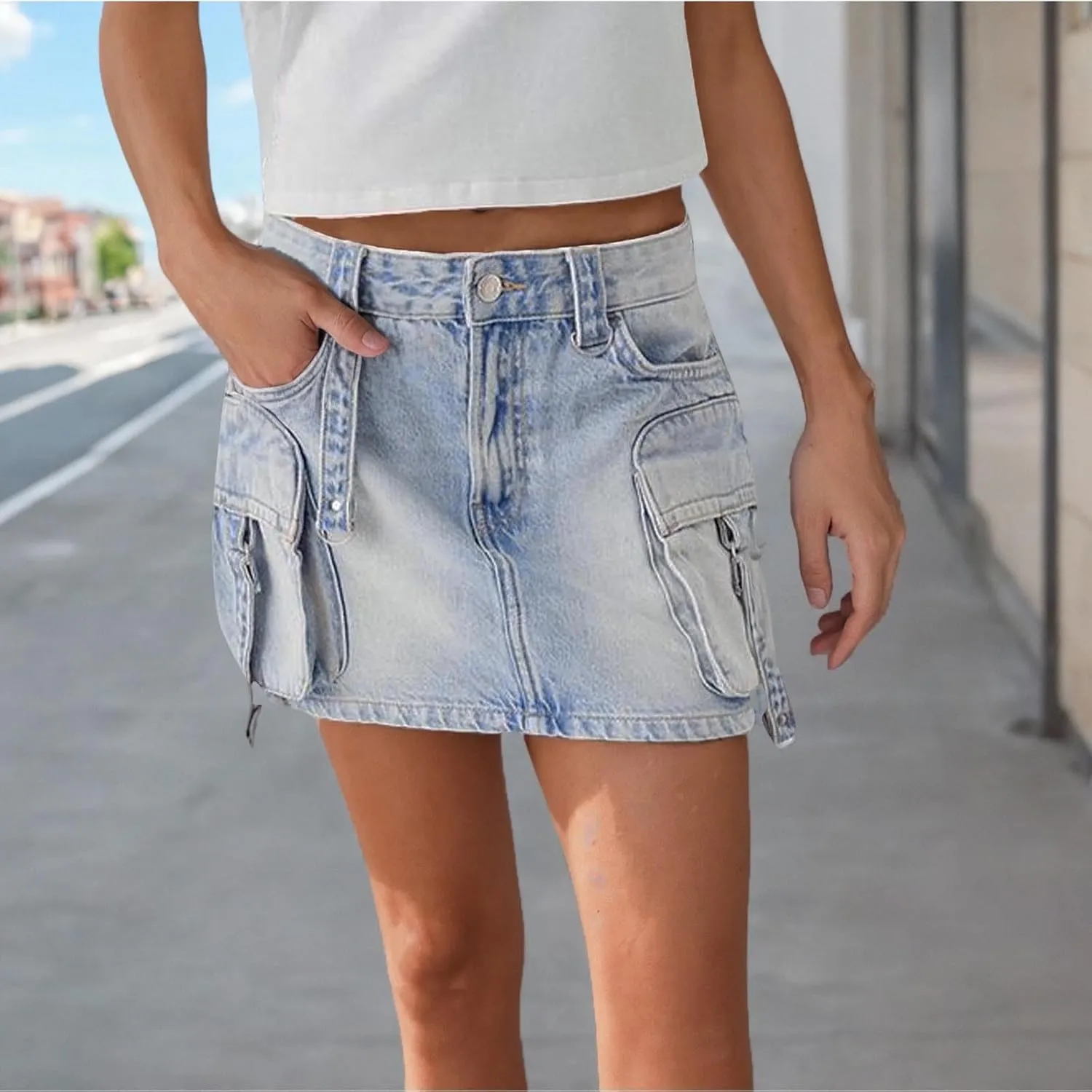 HGps8w Women's Y2K Denim Mini Skirt Classic Zipper Button High Waisted Bodycon Cargo Skirts with Flap Pockets