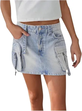 HGps8w Women's Y2K Denim Mini Skirt Classic Zipper Button High Waisted Bodycon Cargo Skirts with Flap Pockets