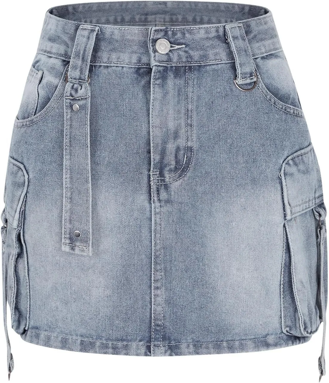 HGps8w Women's Y2K Denim Mini Skirt Classic Zipper Button High Waisted Bodycon Cargo Skirts with Flap Pockets
