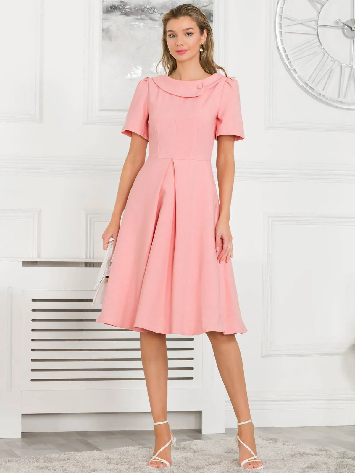 Jolie Moi Valery Button Collar Dress, Rose Mist