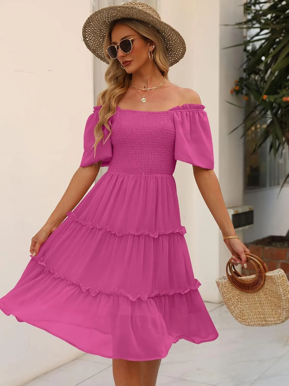LILLUSORY Women's Summer Casual Flutter Sleeve Square Neck Smocked Midi Dress