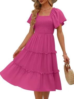 LILLUSORY Women's Summer Casual Flutter Sleeve Square Neck Smocked Midi Dress