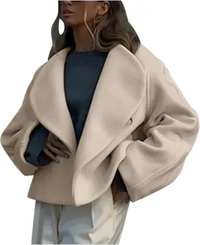 Lmdudan Women Cropped Pea Coat 2024 Winter Casual Jacket Classic Lapel Collar Open Front Fashion Loose Cardigan Outerwear