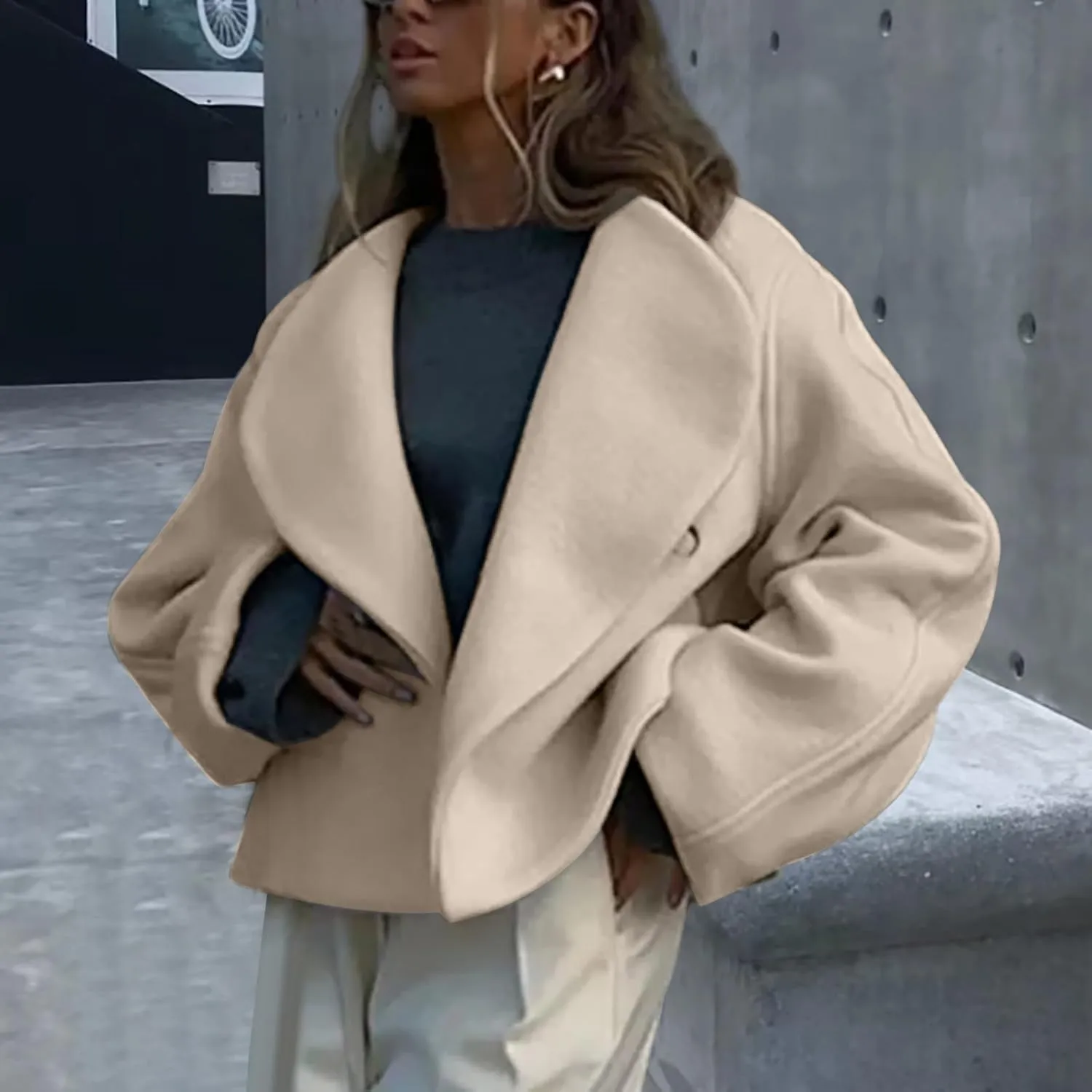 Lmdudan Women Cropped Pea Coat 2024 Winter Casual Jacket Classic Lapel Collar Open Front Fashion Loose Cardigan Outerwear