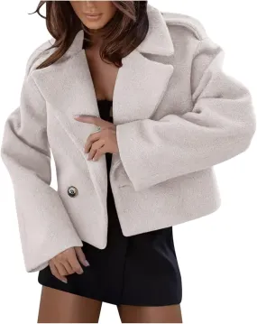 Lmdudan Women's Cropped Wool Blend Coat Notch Lapel Blazer Jacket Business Casual Winter Crop Pea Coat Cardigan Tops