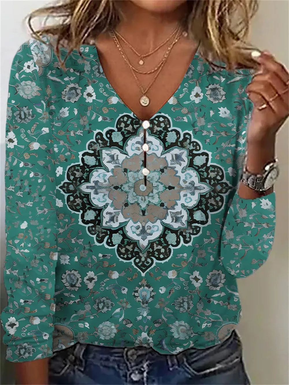 Long Sleeve Shirts for Women Boho Floral Print V Neck Dressy Casual Summer Blouses Vintage Tunic Tops