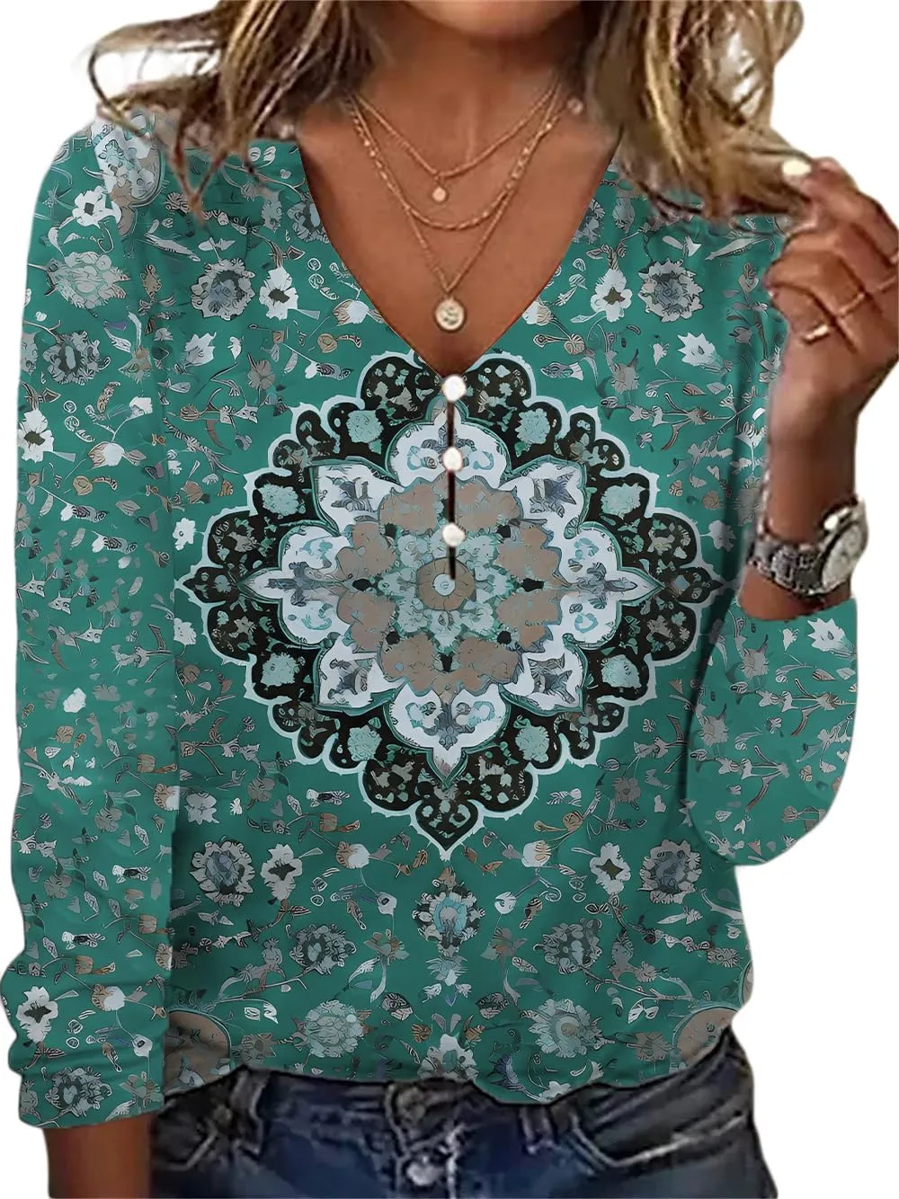 Long Sleeve Shirts for Women Boho Floral Print V Neck Dressy Casual Summer Blouses Vintage Tunic Tops