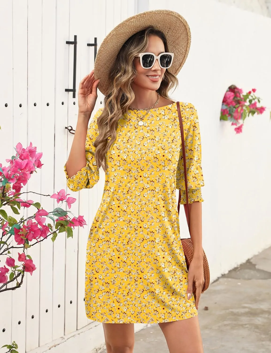 LUYAA Womens Summer Mini Dresses Boatneck 3/4 Puff Sleeve Floral T Shirt Dress with Pockets Boho Dresses Fashion Trendy 2025