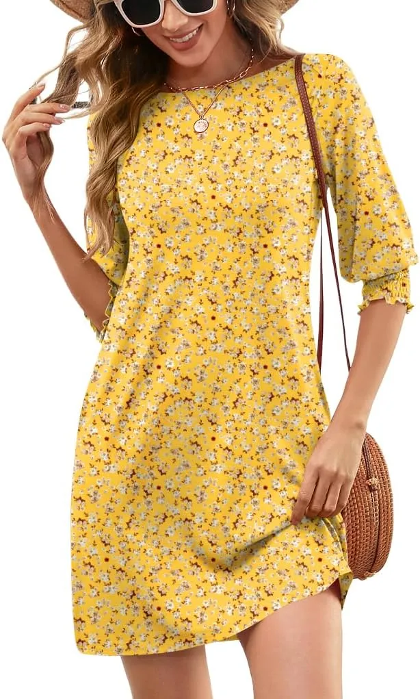 LUYAA Womens Summer Mini Dresses Boatneck 3/4 Puff Sleeve Floral T Shirt Dress with Pockets Boho Dresses Fashion Trendy 2025