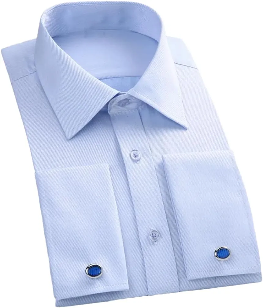 Men Classic French Cuffs Dress Shirt Long Sleeve Covered Placket Formal Business Standard-Fit Office Work Shirts