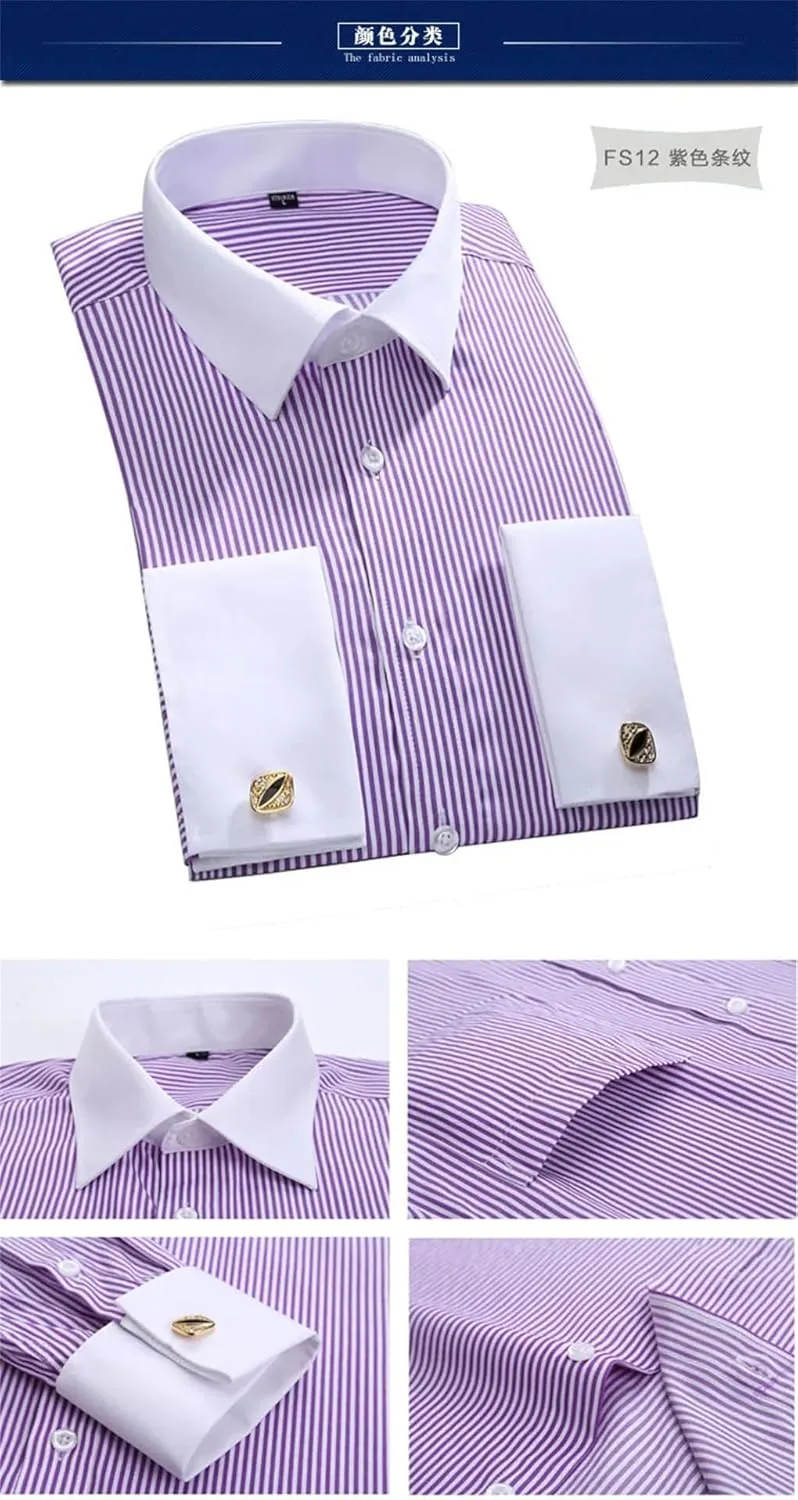 Men Classic French Cuffs Dress Shirt Long Sleeve Covered Placket Formal Business Standard-Fit Office Work Shirts