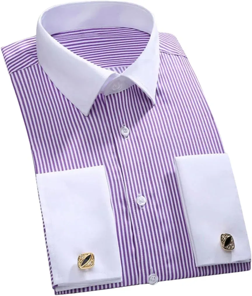 Men Classic French Cuffs Dress Shirt Long Sleeve Covered Placket Formal Business Standard-Fit Office Work Shirts