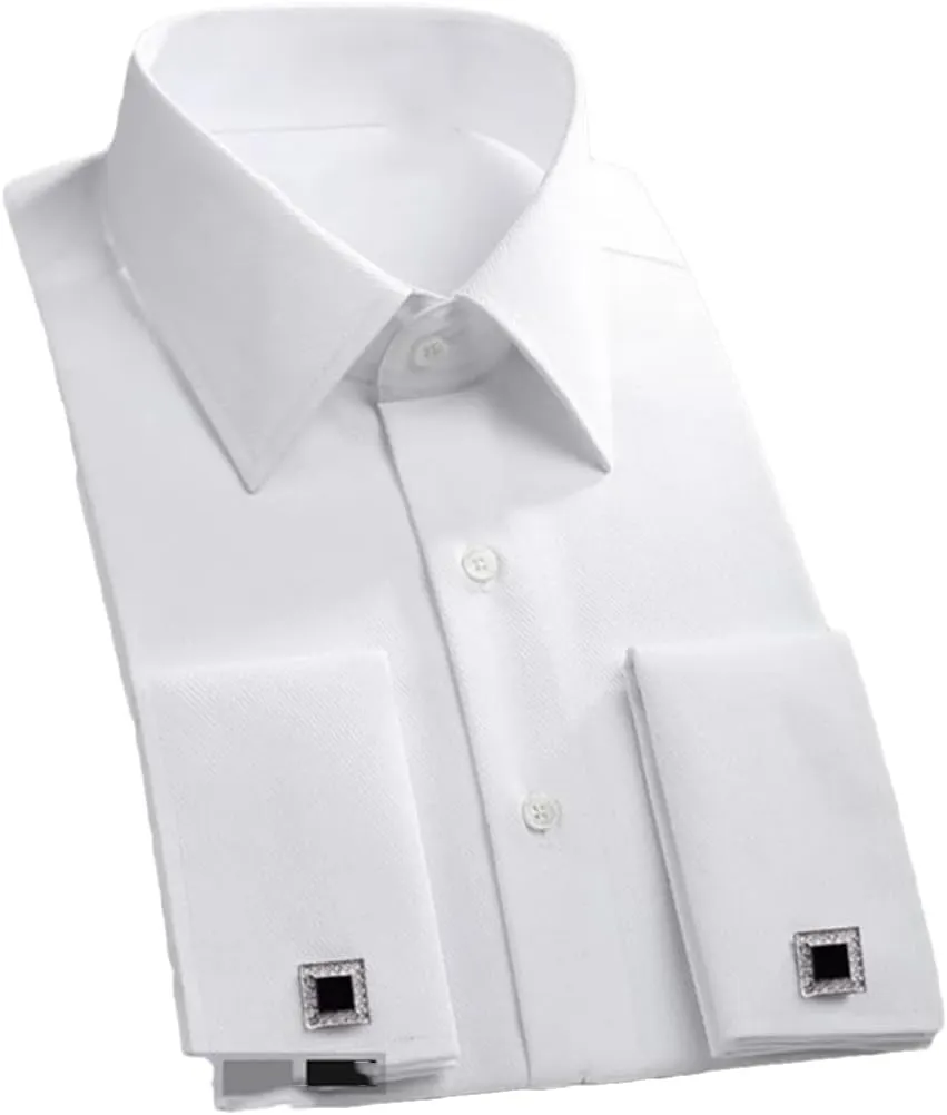 Men Classic French Cuffs Dress Shirt Long Sleeve Covered Placket Formal Business Standard-Fit Office Work Shirts