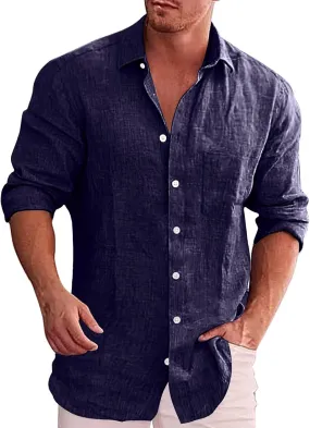 Men's Linen Button Down Shirt Long Sleeve Loose Fit Solid Color Summer Beach Casual Top Pocket Smart Office Work Dress Shirt