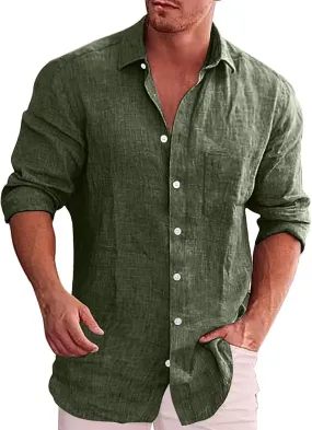 Men's Linen Button Down Shirt Long Sleeve Loose Fit Solid Color Summer Beach Casual Top Pocket Smart Office Work Dress Shirt