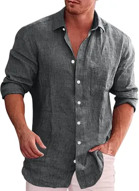 Men's Linen Button Down Shirt Long Sleeve Loose Fit Solid Color Summer Beach Casual Top Pocket Smart Office Work Dress Shirt