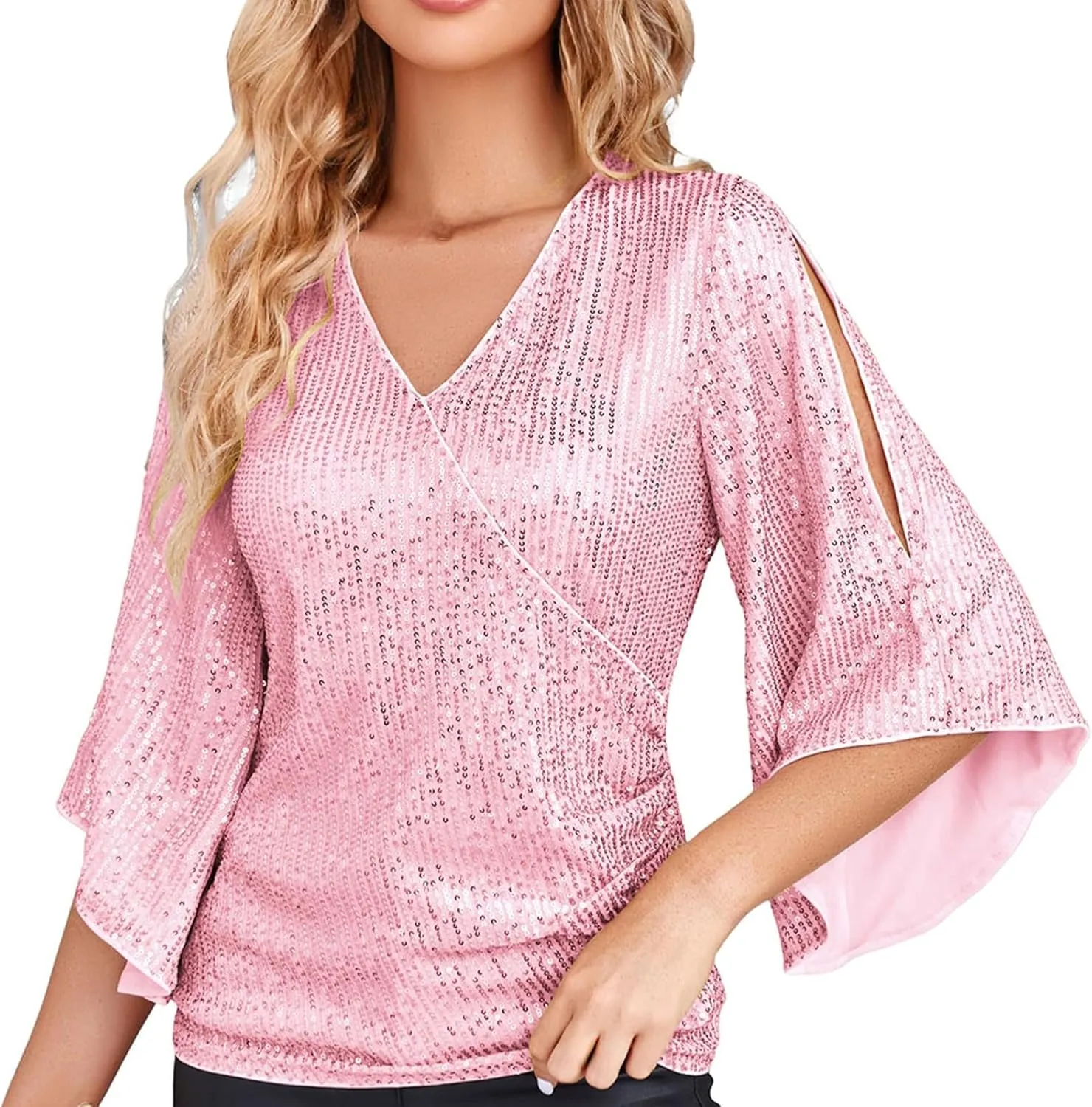 Miyaomn Women's Sequin Tops 3/4 Bell Sleeve Glitter Sparkly Party Blouse Ladies Elegant V-Neck Dressy Shirt for Evening Party