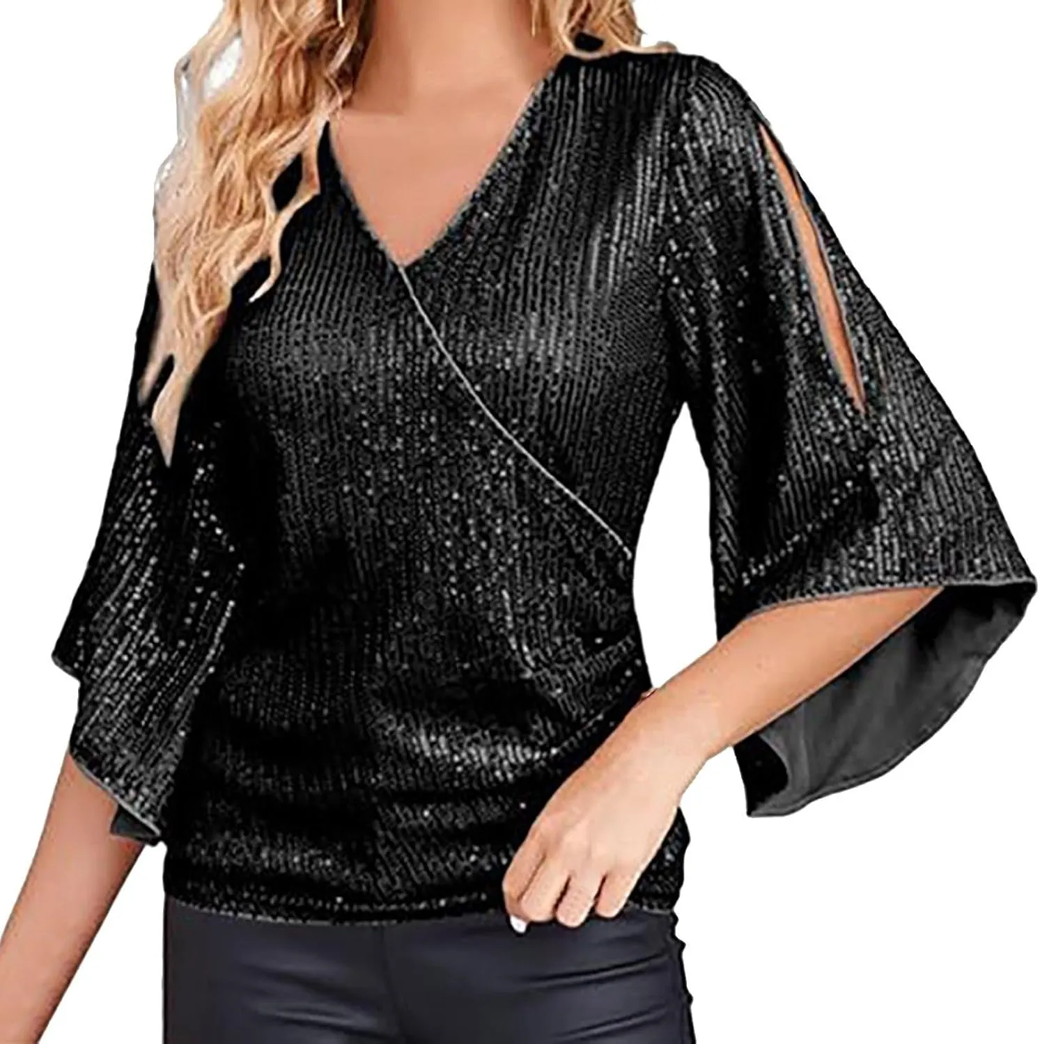 Miyaomn Women's Sequin Tops 3/4 Bell Sleeve Glitter Sparkly Party Blouse Ladies Elegant V-Neck Dressy Shirt for Evening Party