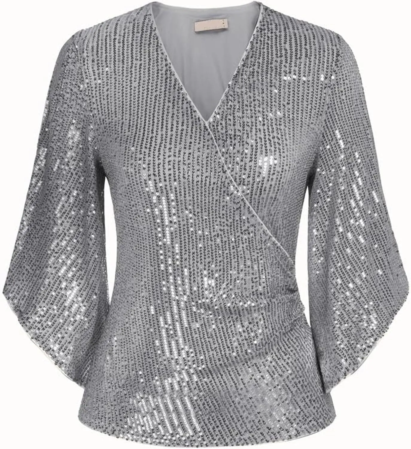Miyaomn Women's Sequin Tops 3/4 Bell Sleeve Glitter Sparkly Party Blouse Ladies Elegant V-Neck Dressy Shirt for Evening Party