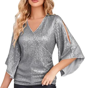 Miyaomn Women's Sequin Tops 3/4 Bell Sleeve Glitter Sparkly Party Blouse Ladies Elegant V-Neck Dressy Shirt for Evening Party